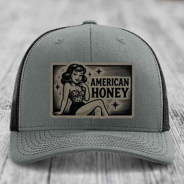 American Honey - Leather Patch Hat - Light Brown to Black Patch - Richardson 112 Snapback Trucker Hat