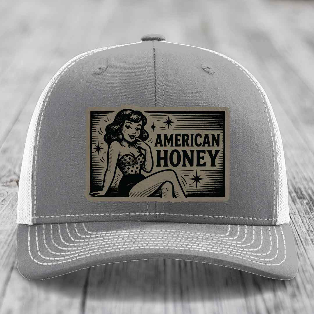 American Honey - Leather Patch Hat - Light Brown to Black Patch - Richardson 112 Snapback Trucker Hat