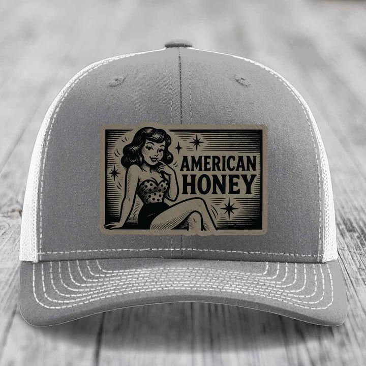 American Honey - Leather Patch Hat - Light Brown to Black Patch - Richardson 112 Snapback Trucker Hat