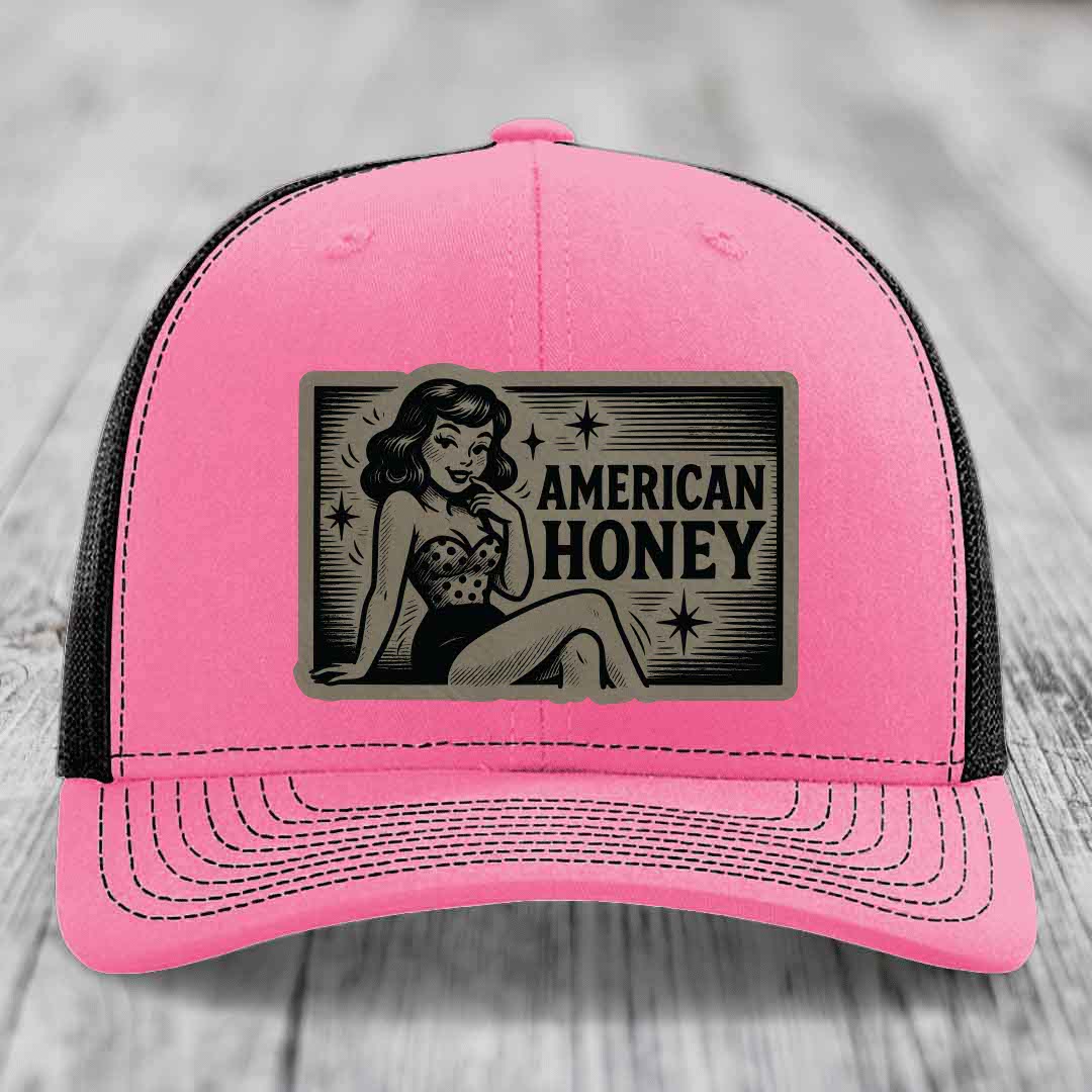American Honey - Leather Patch Hat - Light Brown to Black Patch - Richardson 112 Snapback Trucker Hat