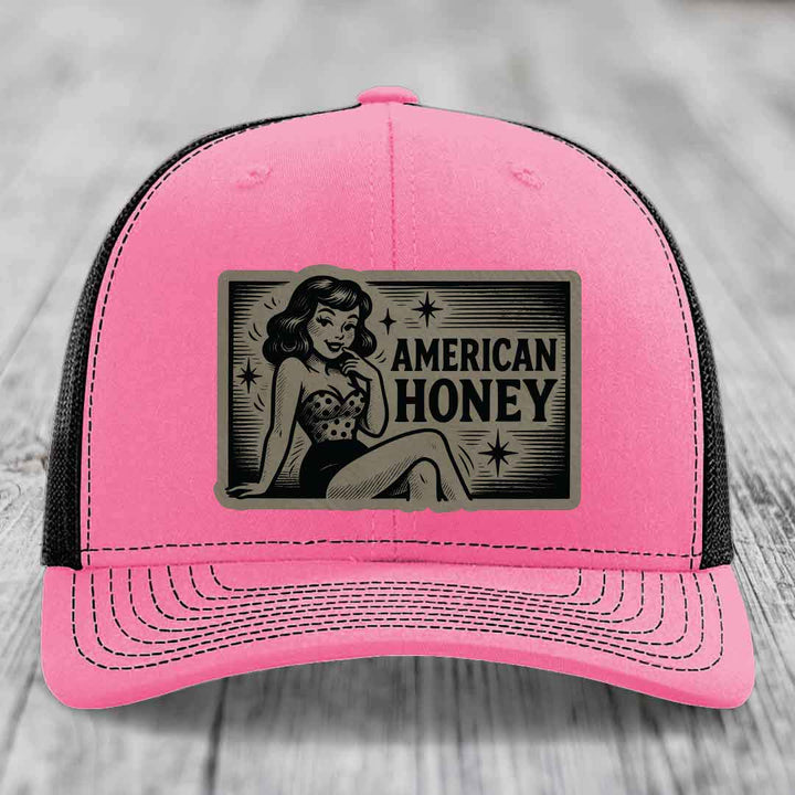American Honey - Leather Patch Hat - Light Brown to Black Patch - Richardson 112 Snapback Trucker Hat