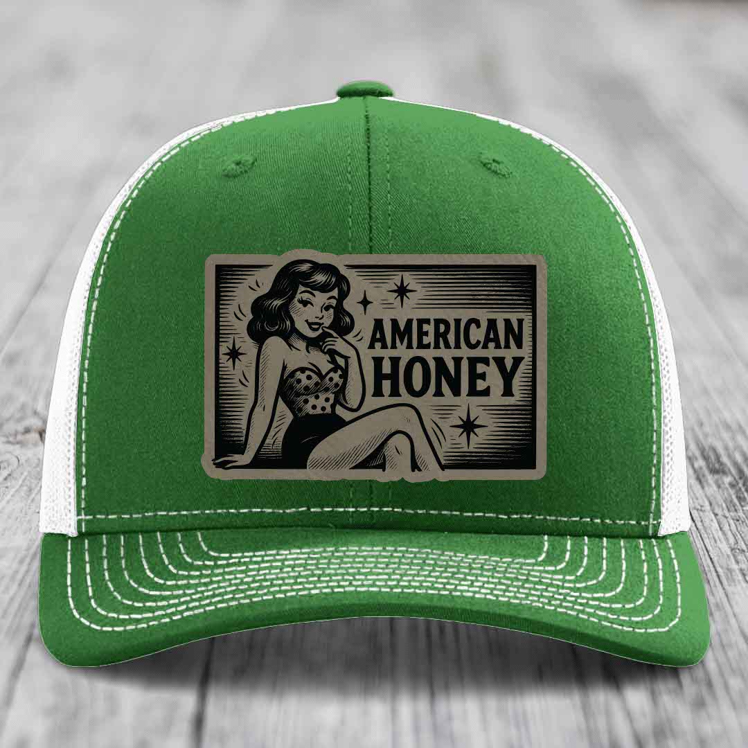 American Honey - Leather Patch Hat - Light Brown to Black Patch - Richardson 112 Snapback Trucker Hat