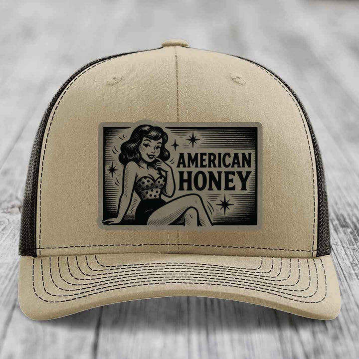 American Honey - Leather Patch Hat - Light Brown to Black Patch - Richardson 112 Snapback Trucker Hat