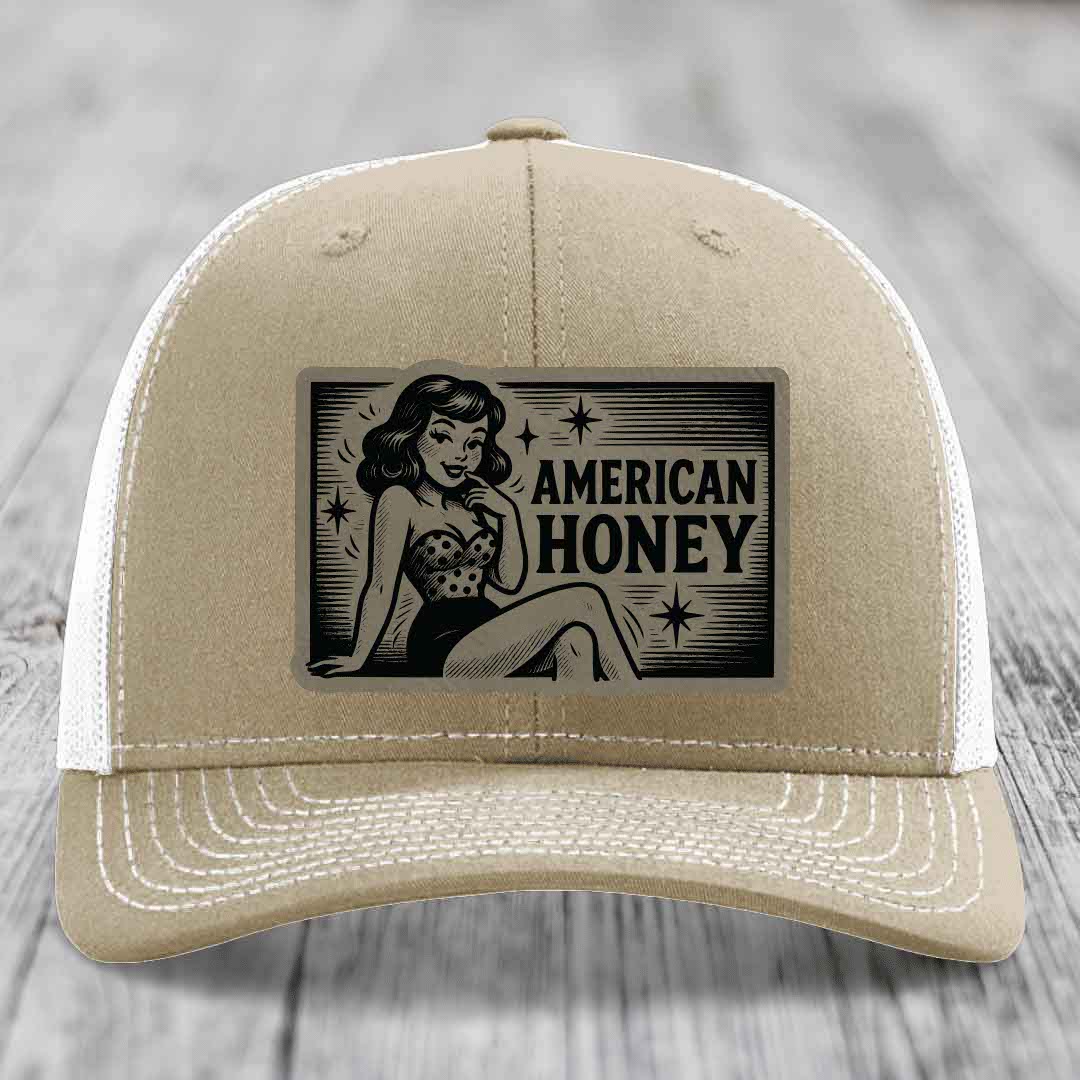 American Honey - Leather Patch Hat - Light Brown to Black Patch - Richardson 112 Snapback Trucker Hat