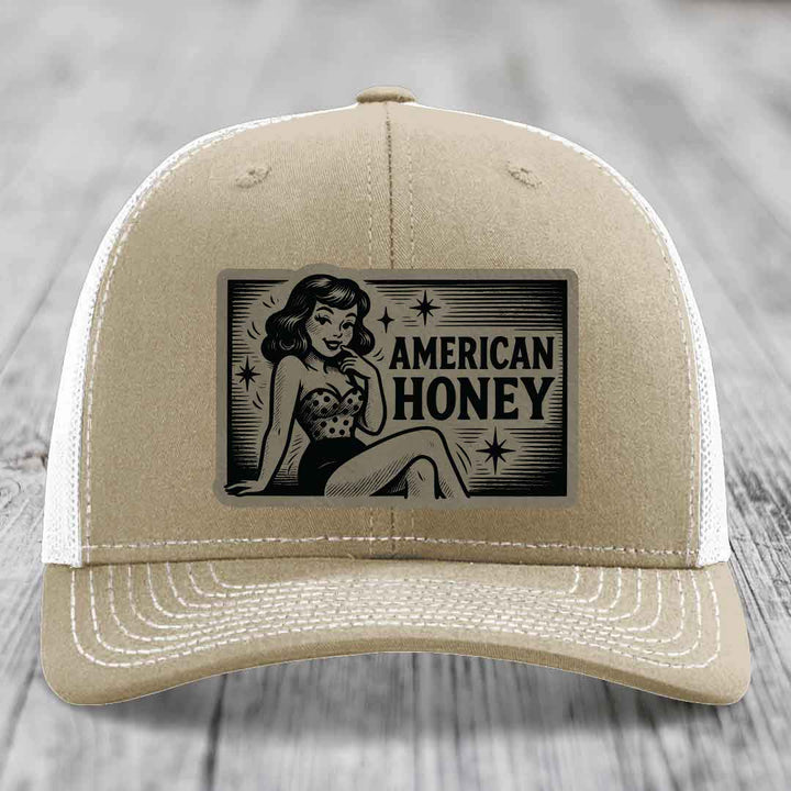 American Honey - Leather Patch Hat - Light Brown to Black Patch - Richardson 112 Snapback Trucker Hat