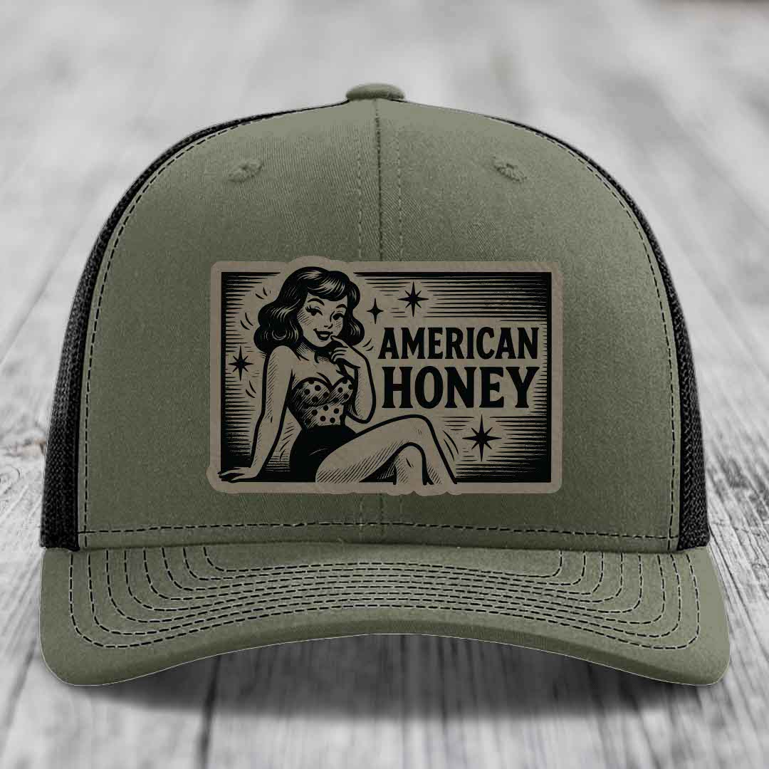 American Honey - Leather Patch Hat - Light Brown to Black Patch - Richardson 112 Snapback Trucker Hat