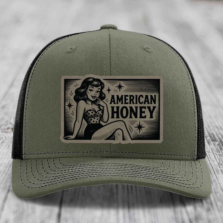 American Honey - Leather Patch Hat - Light Brown to Black Patch - Richardson 112 Snapback Trucker Hat