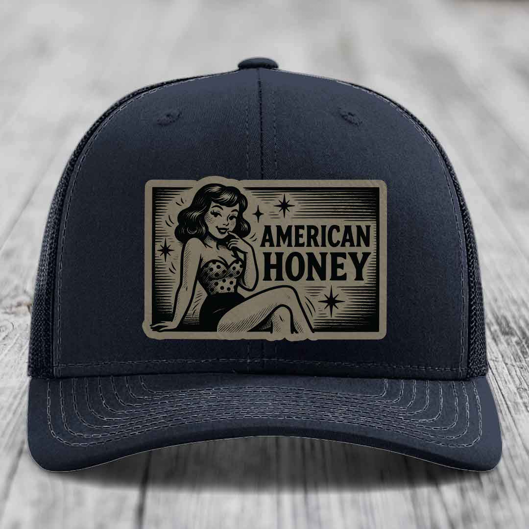 American Honey - Leather Patch Hat - Light Brown to Black Patch - Richardson 112 Snapback Trucker Hat