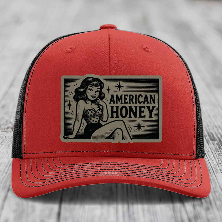 American Honey - Leather Patch Hat - Light Brown to Black Patch - Richardson 112 Snapback Trucker Hat