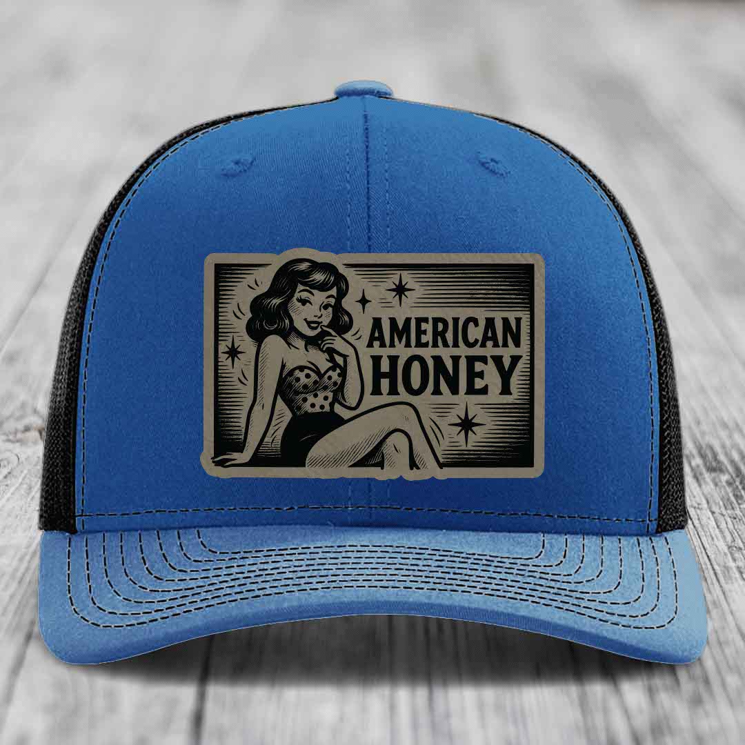 American Honey - Leather Patch Hat - Light Brown to Black Patch - Richardson 112 Snapback Trucker Hat