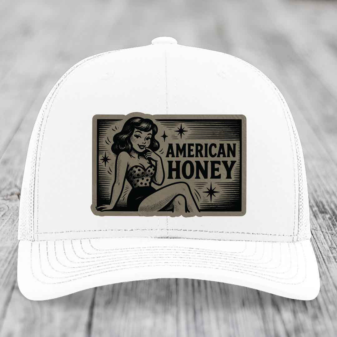 American Honey - Leather Patch Hat - Light Brown to Black Patch - Richardson 112 Snapback Trucker Hat