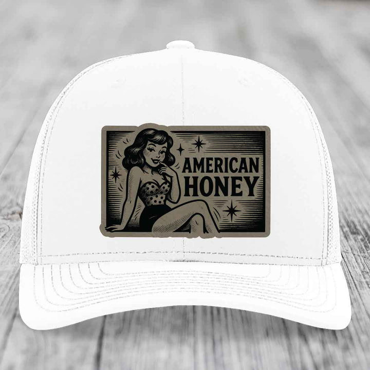American Honey - Leather Patch Hat - Light Brown to Black Patch - Richardson 112 Snapback Trucker Hat