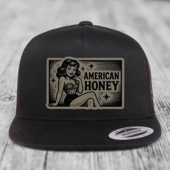 American Honey - Leather Patch Hat - Light Brown to Black Patch - Yupoong 6006 Snapback Flatbill Hat