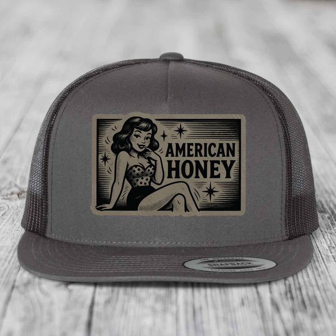 American Honey - Leather Patch Hat - Light Brown to Black Patch - Yupoong 6006 Snapback Flatbill Hat