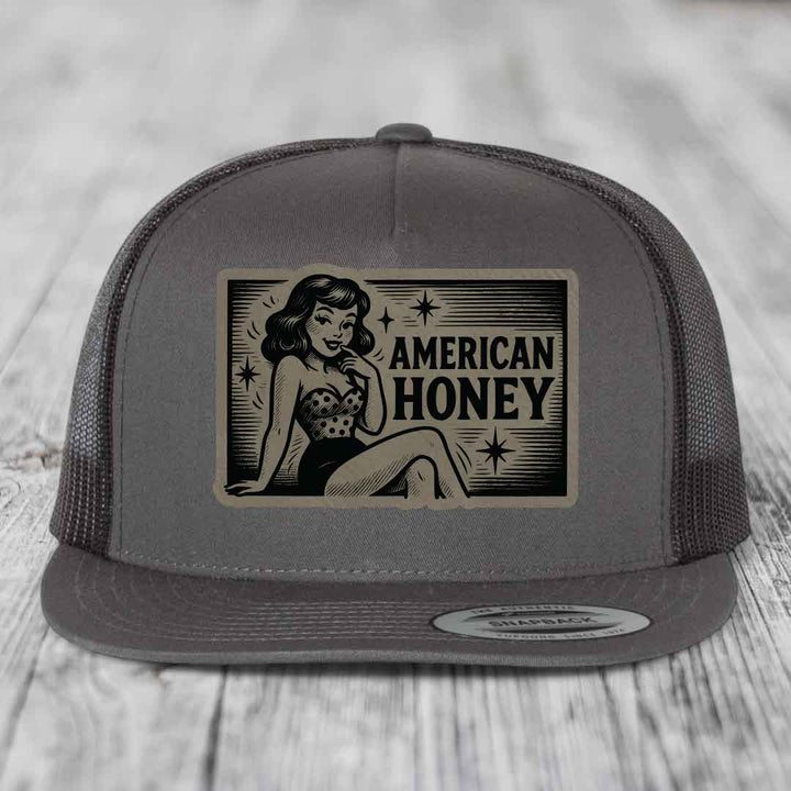 American Honey - Leather Patch Hat - Light Brown to Black Patch - Yupoong 6006 Snapback Flatbill Hat