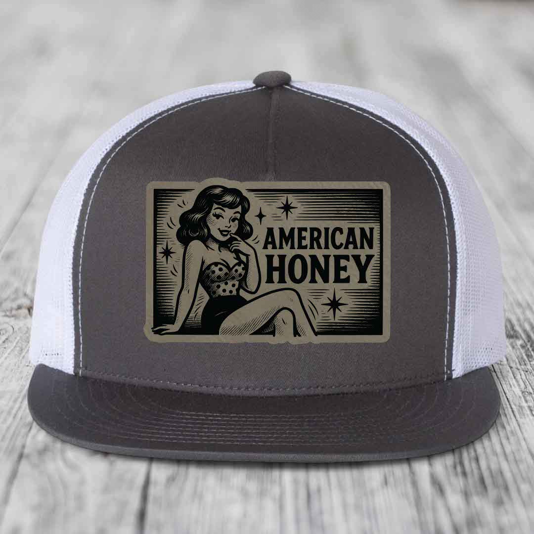 American Honey - Leather Patch Hat - Light Brown to Black Patch - Yupoong 6006 Snapback Flatbill Hat