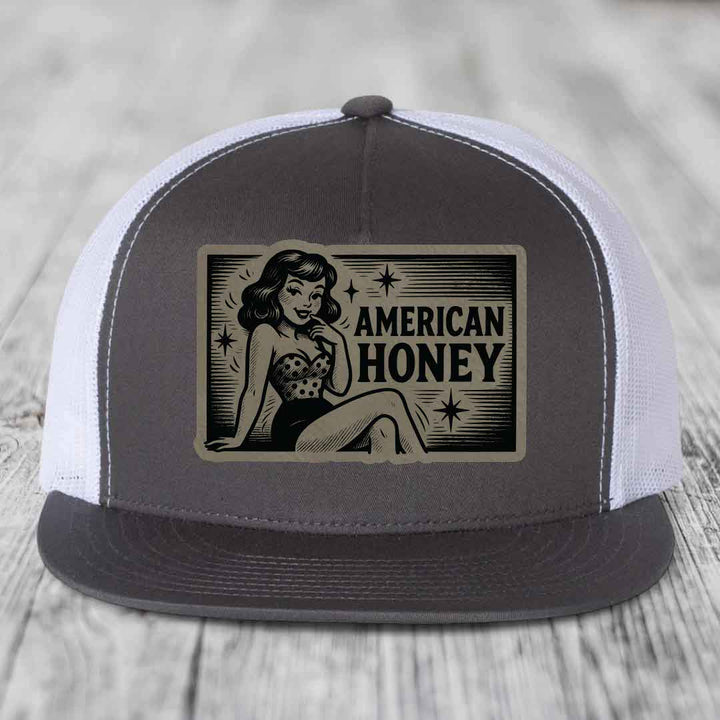 American Honey - Leather Patch Hat - Light Brown to Black Patch - Yupoong 6006 Snapback Flatbill Hat