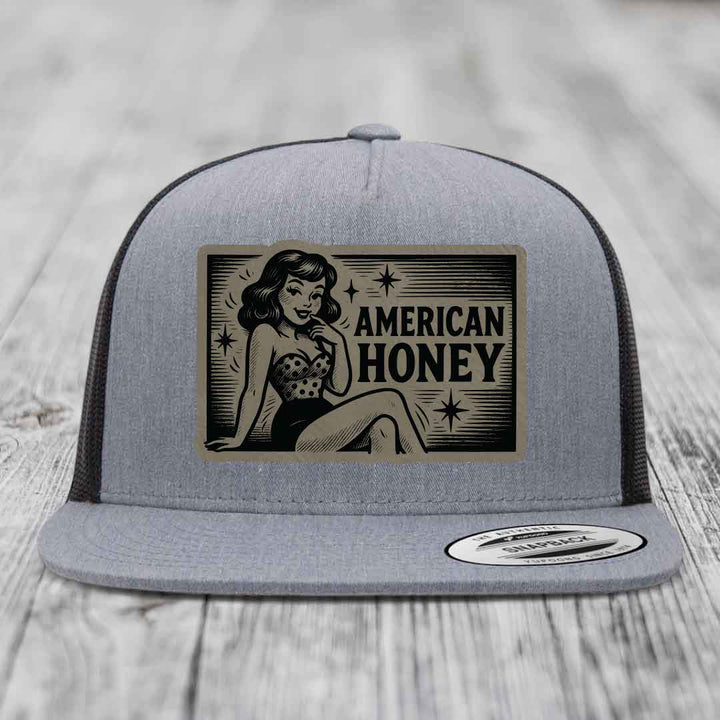 American Honey - Leather Patch Hat - Light Brown to Black Patch - Yupoong 6006 Snapback Flatbill Hat