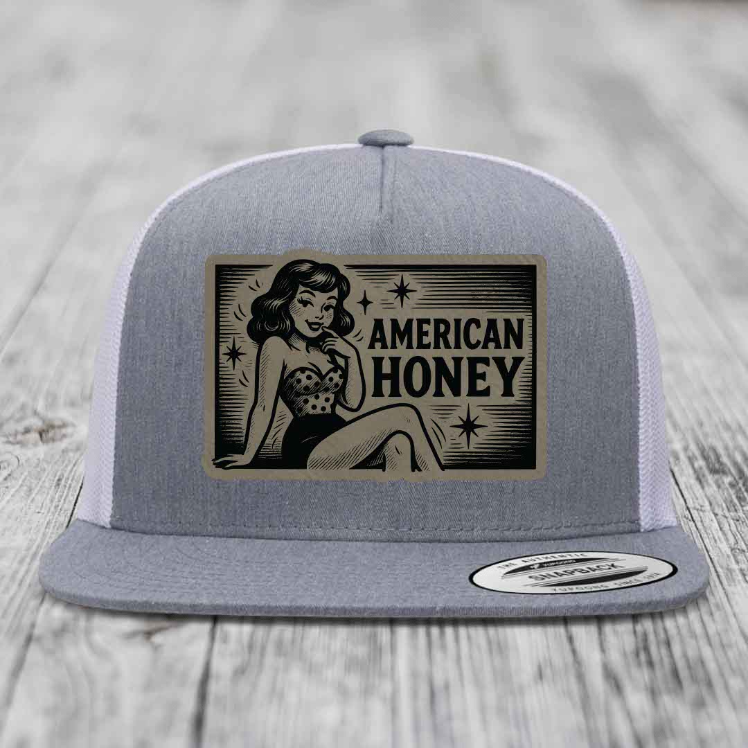 American Honey - Leather Patch Hat - Light Brown to Black Patch - Yupoong 6006 Snapback Flatbill Hat