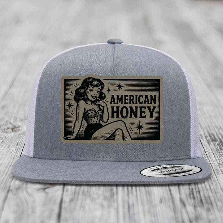American Honey - Leather Patch Hat - Light Brown to Black Patch - Yupoong 6006 Snapback Flatbill Hat