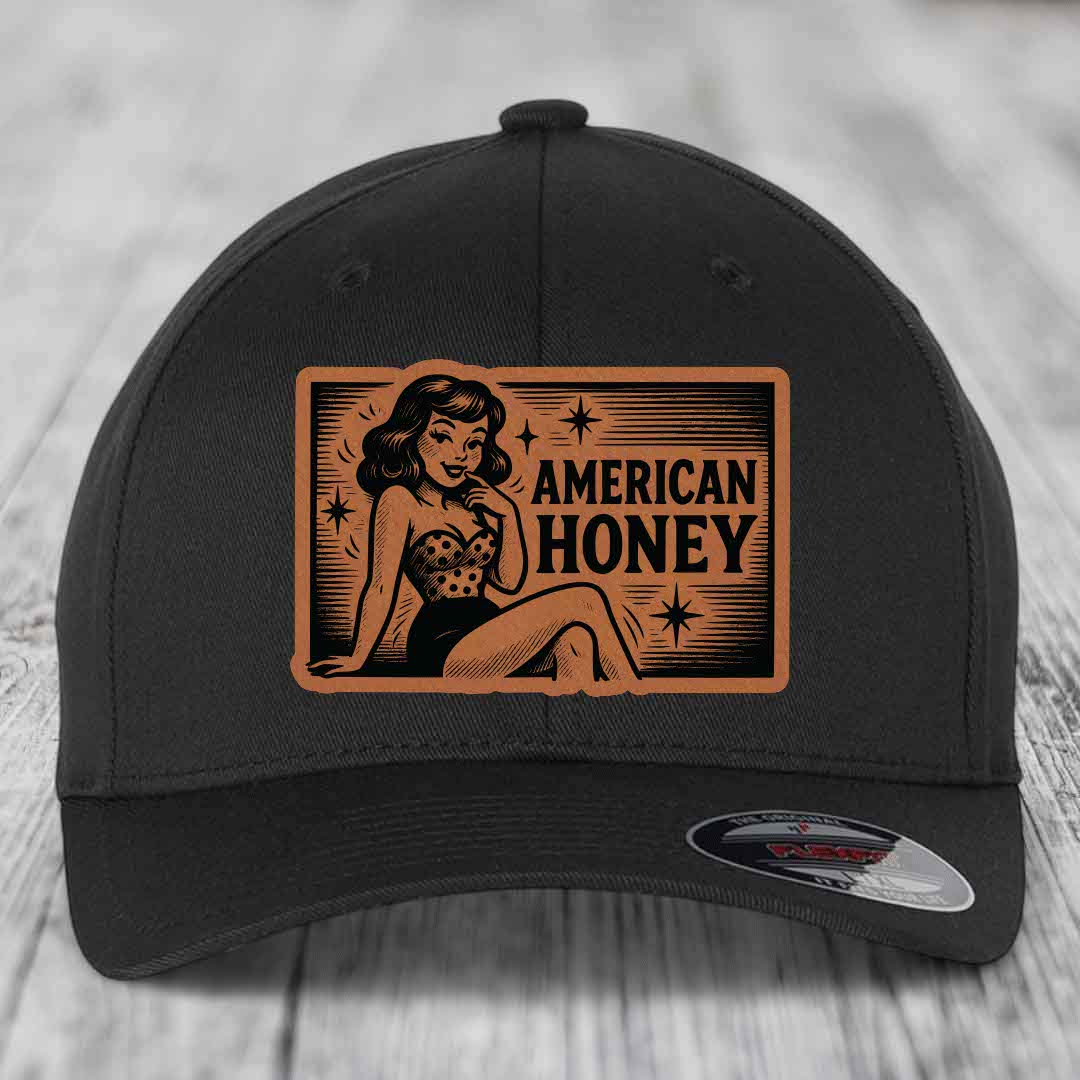 American Honey - Leather Patch Hat - Rawhide to Black Patch - Flexfit 6277 Fitted Hat