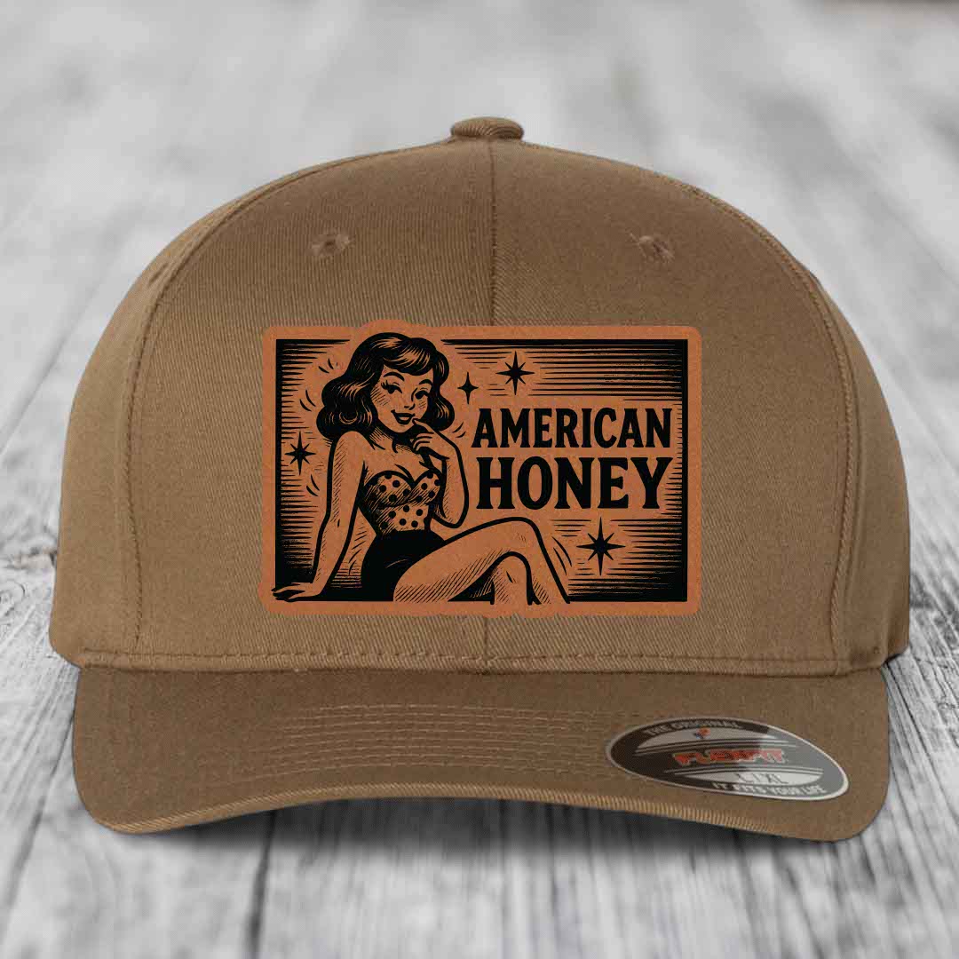 American Honey - Leather Patch Hat - Rawhide to Black Patch - Flexfit 6277 Fitted Hat