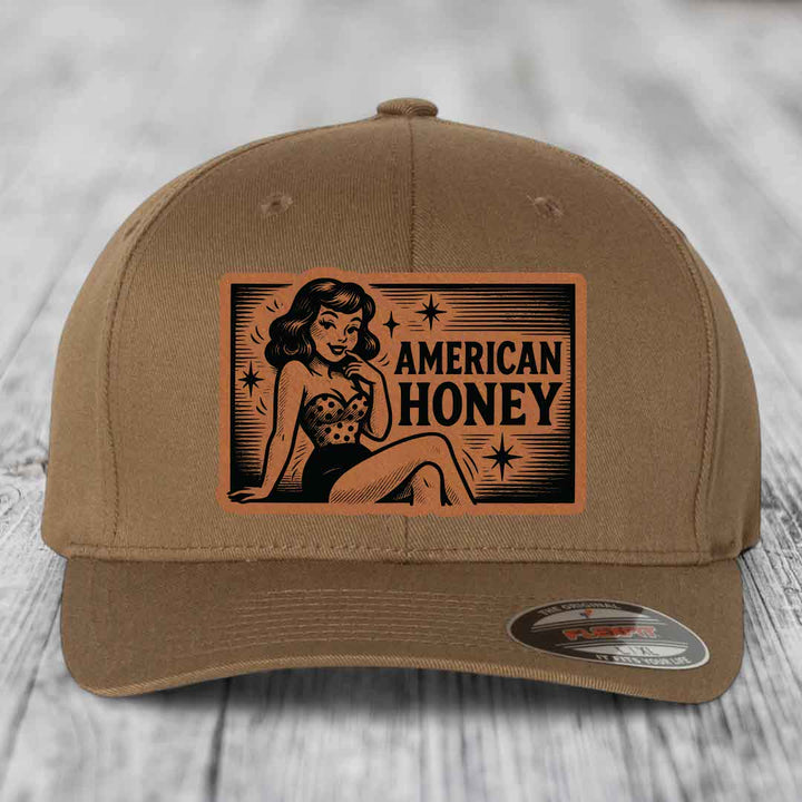 American Honey - Leather Patch Hat - Rawhide to Black Patch - Flexfit 6277 Fitted Hat