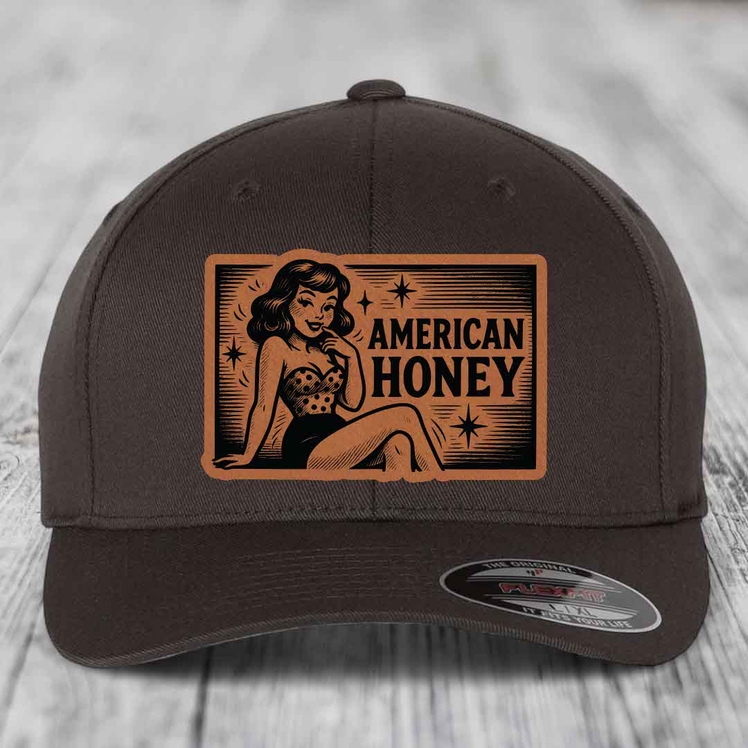 American Honey - Leather Patch Hat - Rawhide to Black Patch - Flexfit 6277 Fitted Hat