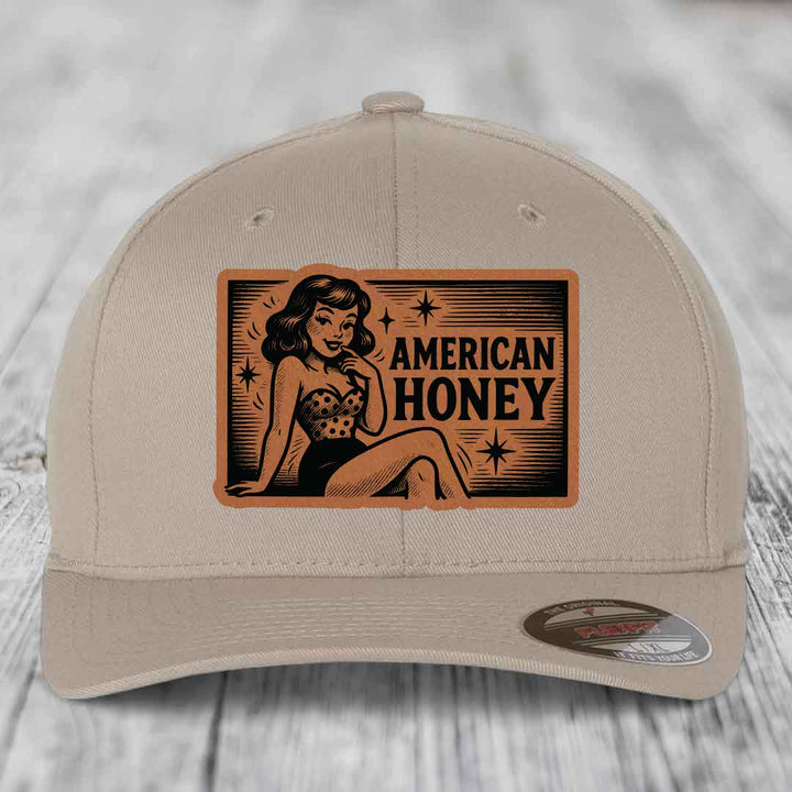 American Honey - Leather Patch Hat - Rawhide to Black Patch - Flexfit 6277 Fitted Hat