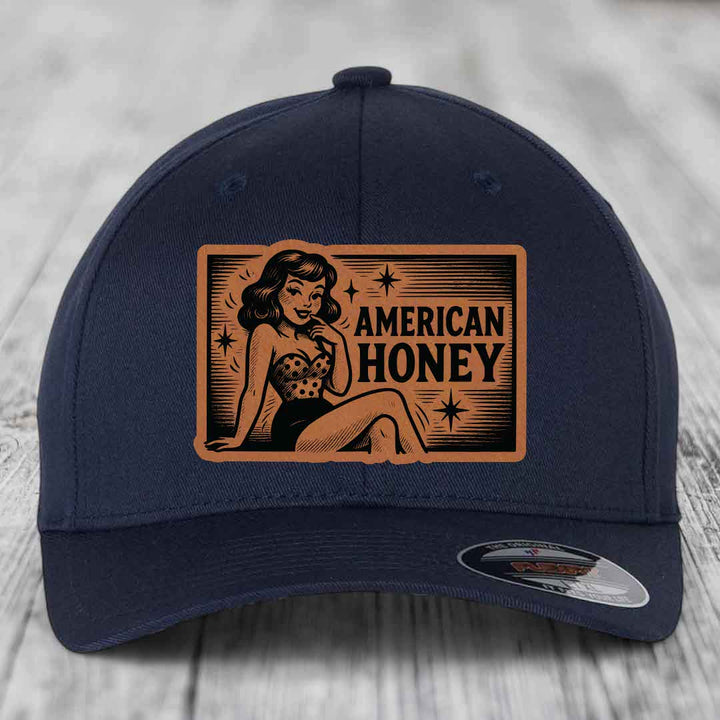 American Honey - Leather Patch Hat - Rawhide to Black Patch - Flexfit 6277 Fitted Hat