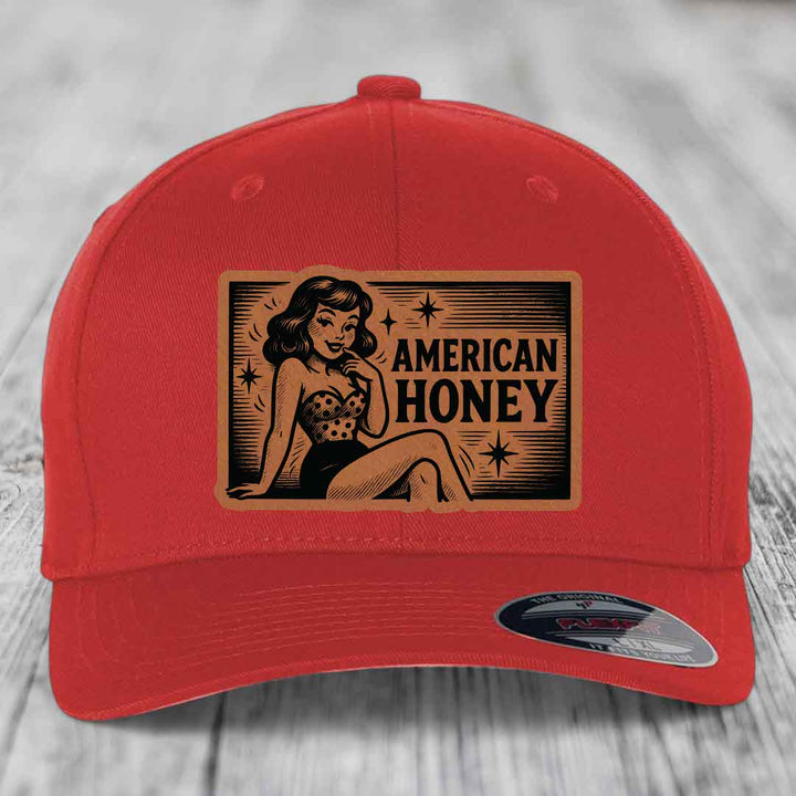 American Honey - Leather Patch Hat - Rawhide to Black Patch - Flexfit 6277 Fitted Hat