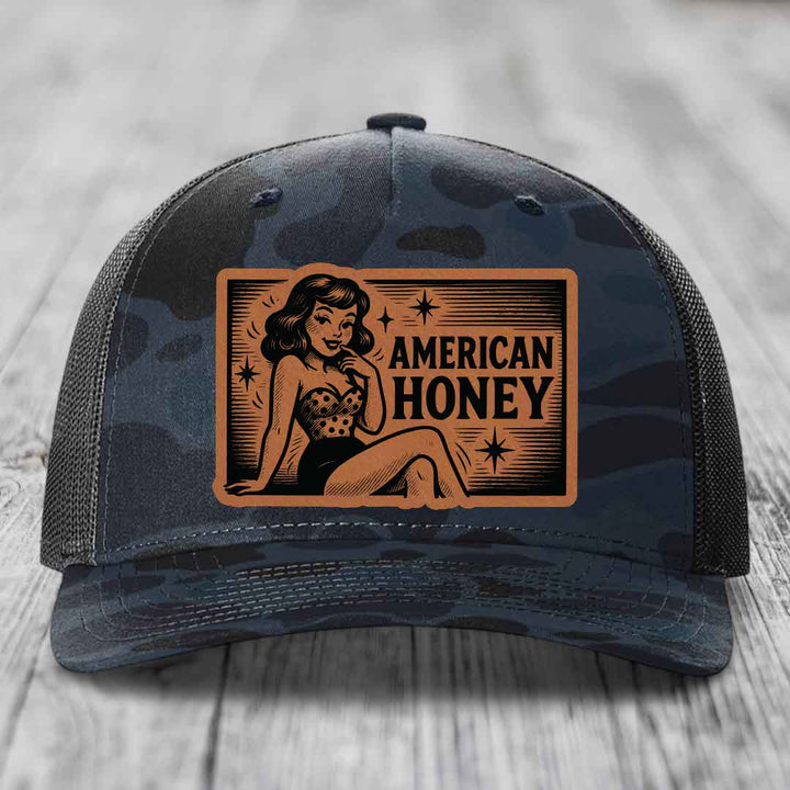 American Honey - Leather Patch Hat - Rawhide to Black Patch - Richardson 112PFP Snapback Trucker Hat