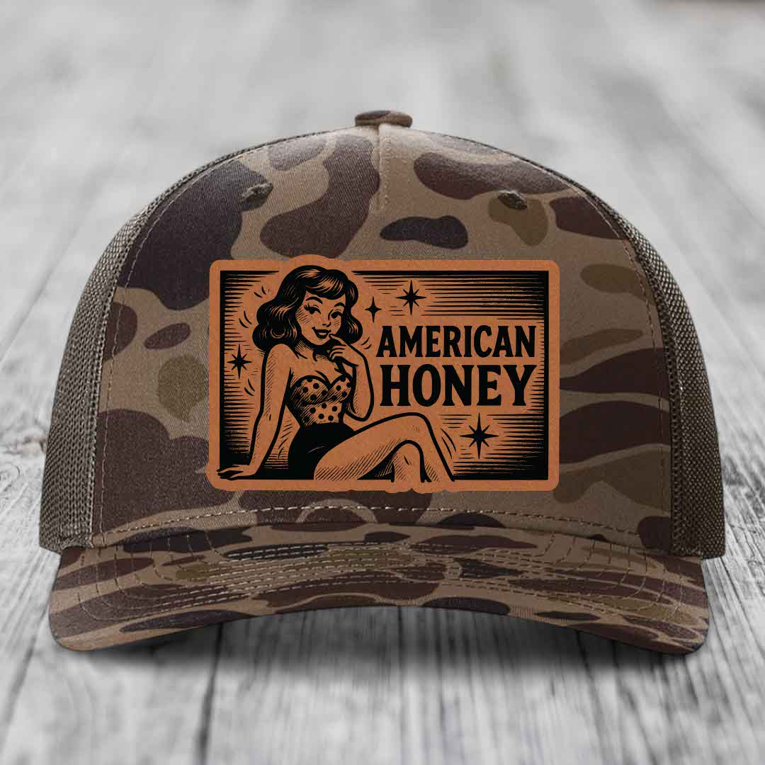 American Honey - Leather Patch Hat - Rawhide to Black Patch - Richardson 112PFP Snapback Trucker Hat