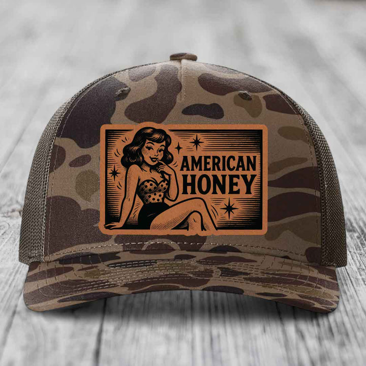 American Honey - Leather Patch Hat - Rawhide to Black Patch - Richardson 112PFP Snapback Trucker Hat