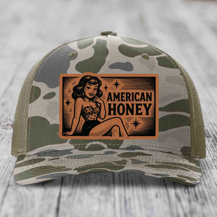 American Honey - Leather Patch Hat - Rawhide to Black Patch - Richardson 112PFP Snapback Trucker Hat