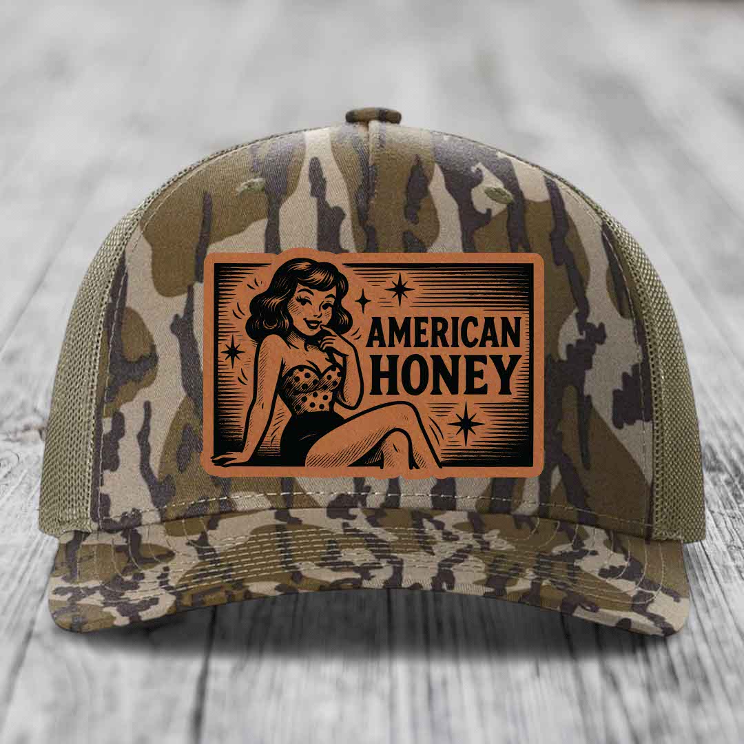 American Honey - Leather Patch Hat - Rawhide to Black Patch - Richardson 112PFP Snapback Trucker Hat