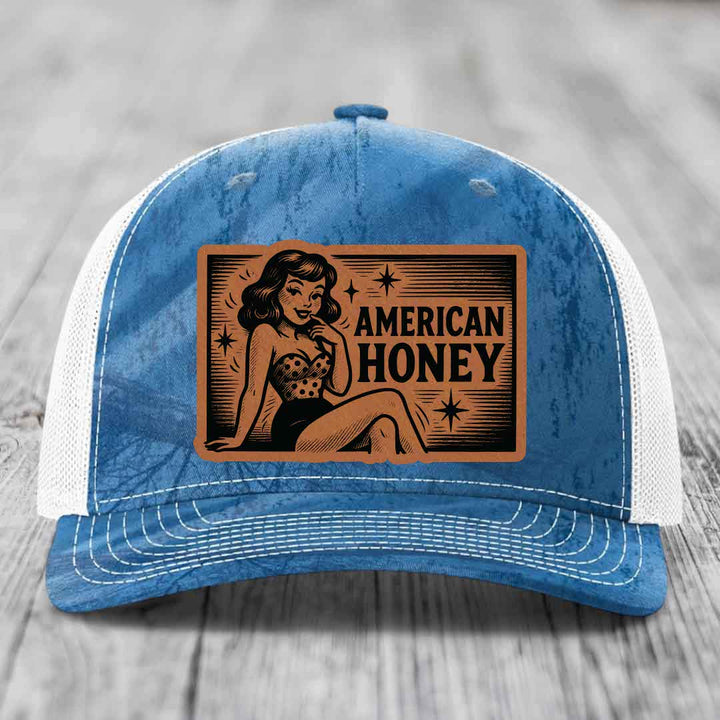 American Honey - Leather Patch Hat - Rawhide to Black Patch - Richardson 112PFP Snapback Trucker Hat
