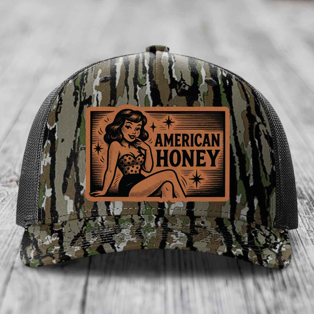 American Honey - Leather Patch Hat - Rawhide to Black Patch - Richardson 112PFP Snapback Trucker Hat