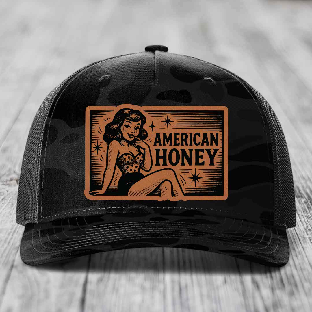 American Honey - Leather Patch Hat - Rawhide to Black Patch - Richardson 112PFP Snapback Trucker Hat