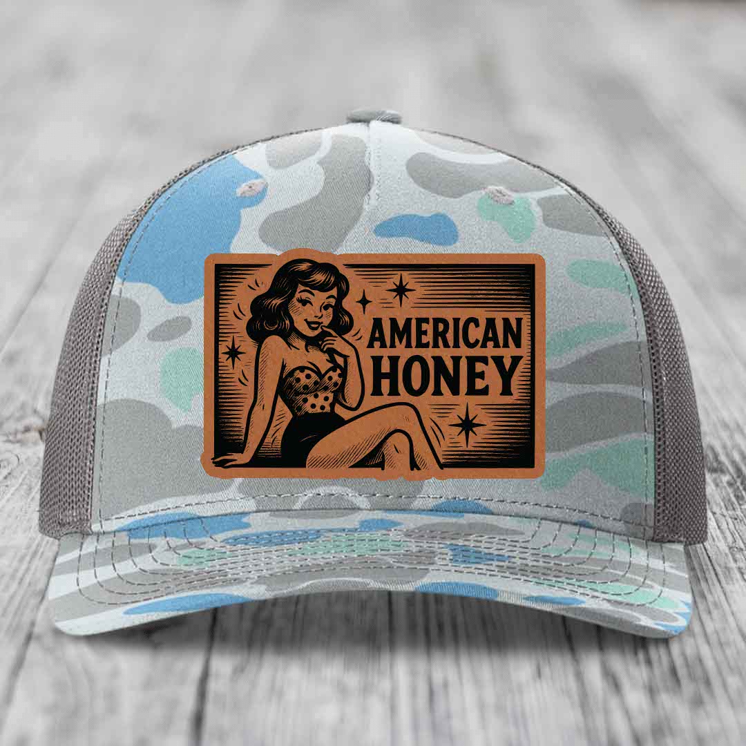 American Honey - Leather Patch Hat - Rawhide to Black Patch - Richardson 112PFP Snapback Trucker Hat