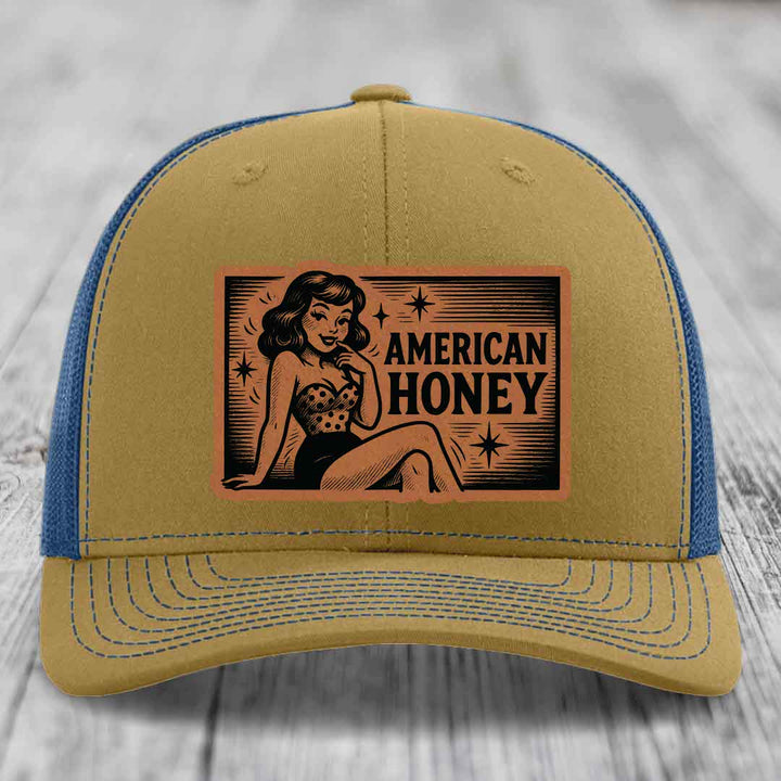 American Honey - Leather Patch Hat - Rawhide to Black Patch - Richardson 112 Snapback Trucker Hat