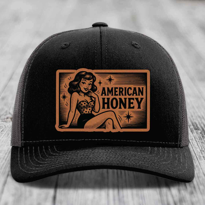 American Honey - Leather Patch Hat - Rawhide to Black Patch - Richardson 112 Snapback Trucker Hat