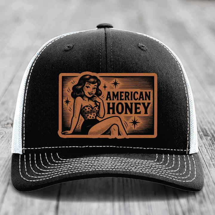American Honey - Leather Patch Hat - Rawhide to Black Patch - Richardson 112 Snapback Trucker Hat