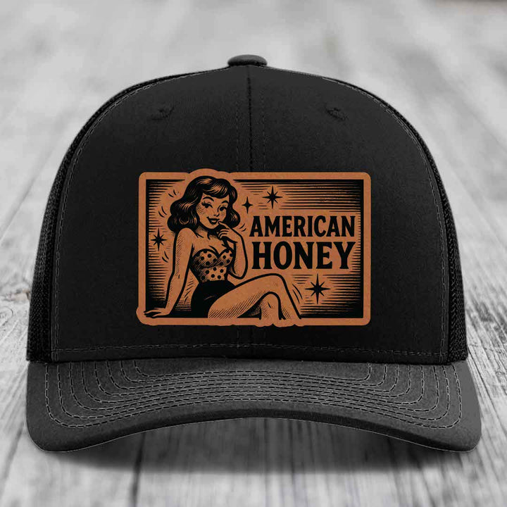 American Honey - Leather Patch Hat - Rawhide to Black Patch - Richardson 112 Snapback Trucker Hat
