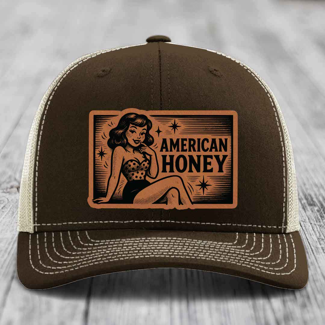 American Honey - Leather Patch Hat - Rawhide to Black Patch - Richardson 112 Snapback Trucker Hat