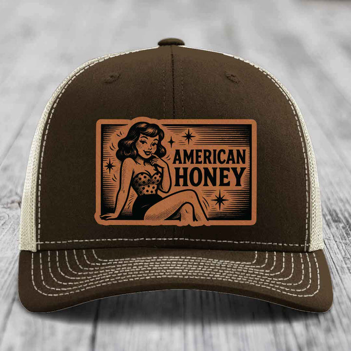 American Honey - Leather Patch Hat - Rawhide to Black Patch - Richardson 112 Snapback Trucker Hat