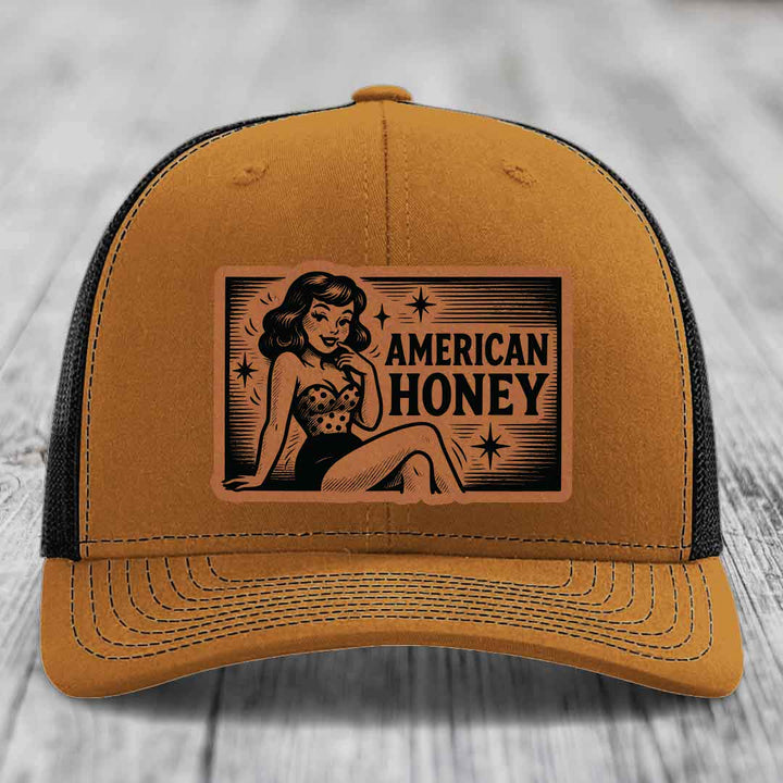 American Honey - Leather Patch Hat - Rawhide to Black Patch - Richardson 112 Snapback Trucker Hat