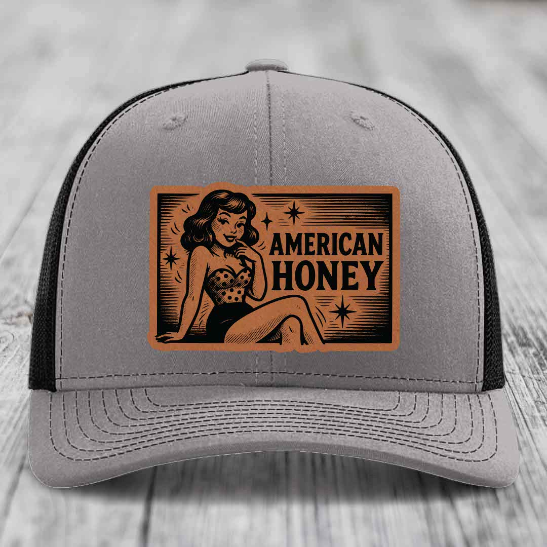 American Honey - Leather Patch Hat - Rawhide to Black Patch - Richardson 112 Snapback Trucker Hat