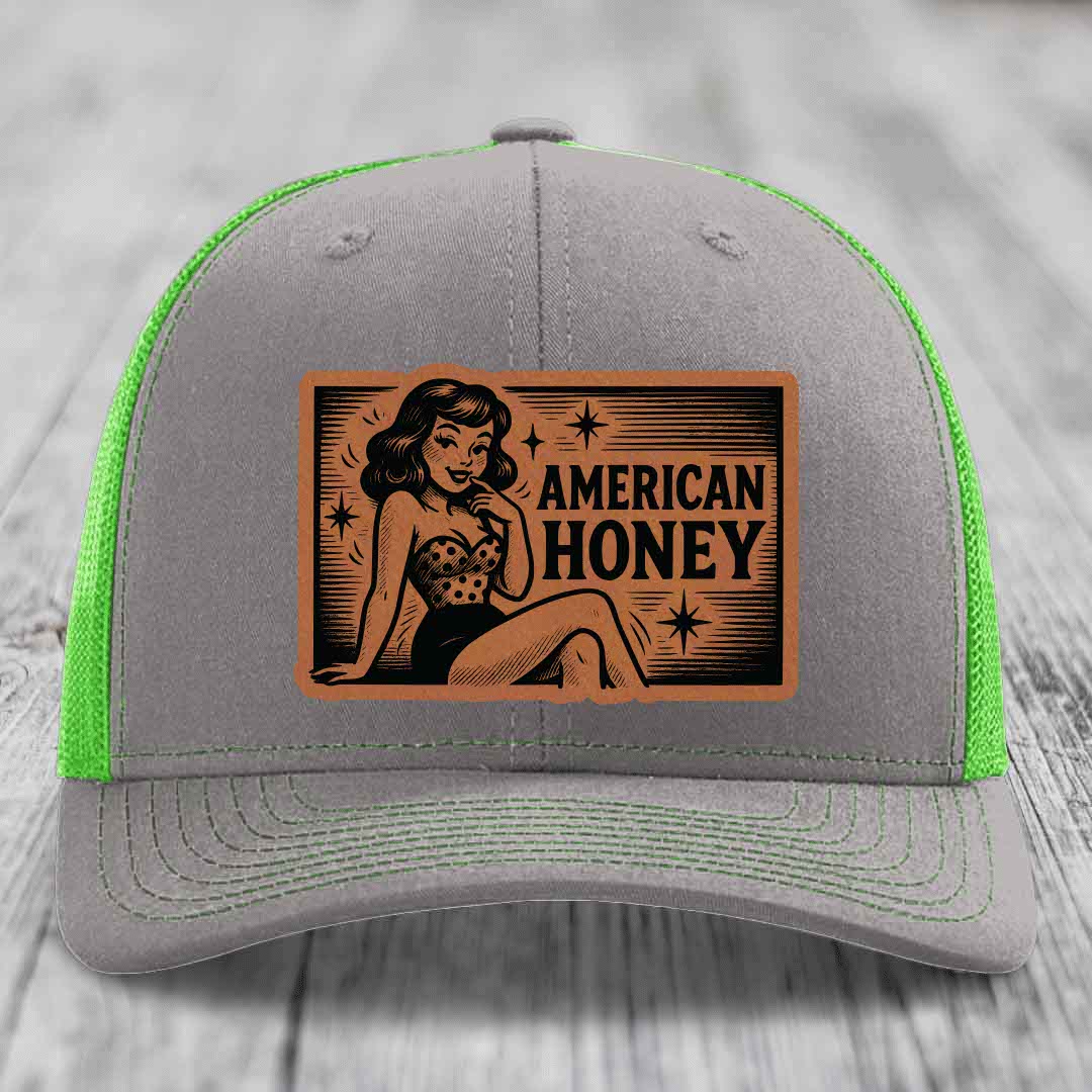 American Honey - Leather Patch Hat - Rawhide to Black Patch - Richardson 112 Snapback Trucker Hat