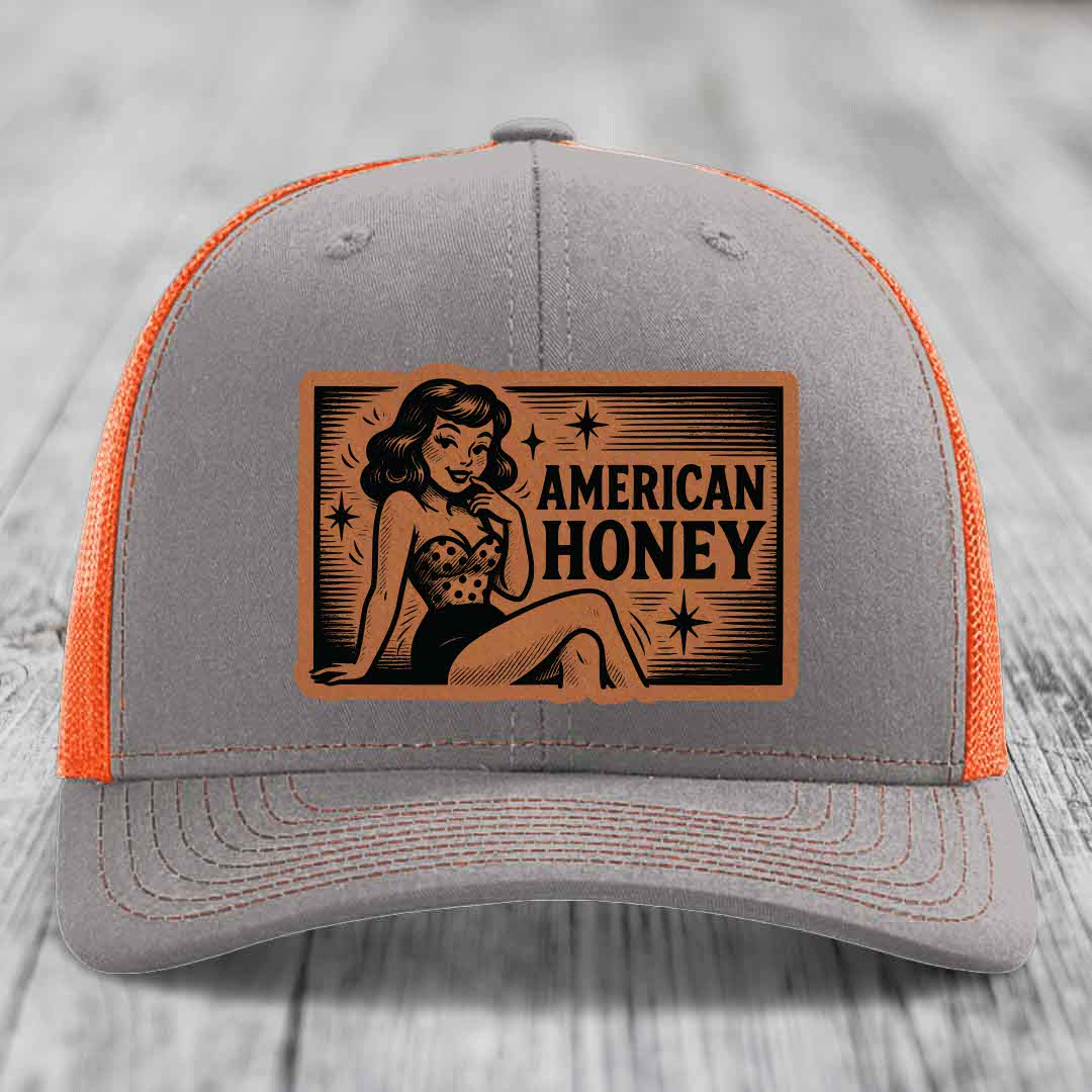 American Honey - Leather Patch Hat - Rawhide to Black Patch - Richardson 112 Snapback Trucker Hat